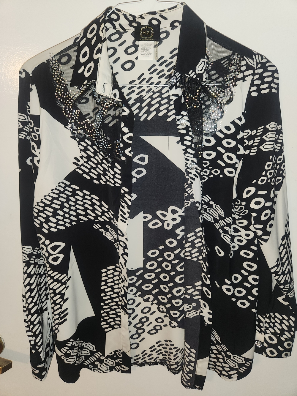 Embellished Black & White Patterned Button-Down Blouse